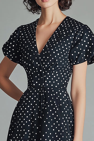 Black White Polka Dot Knee Length Graduation Dress with Short Sleeves